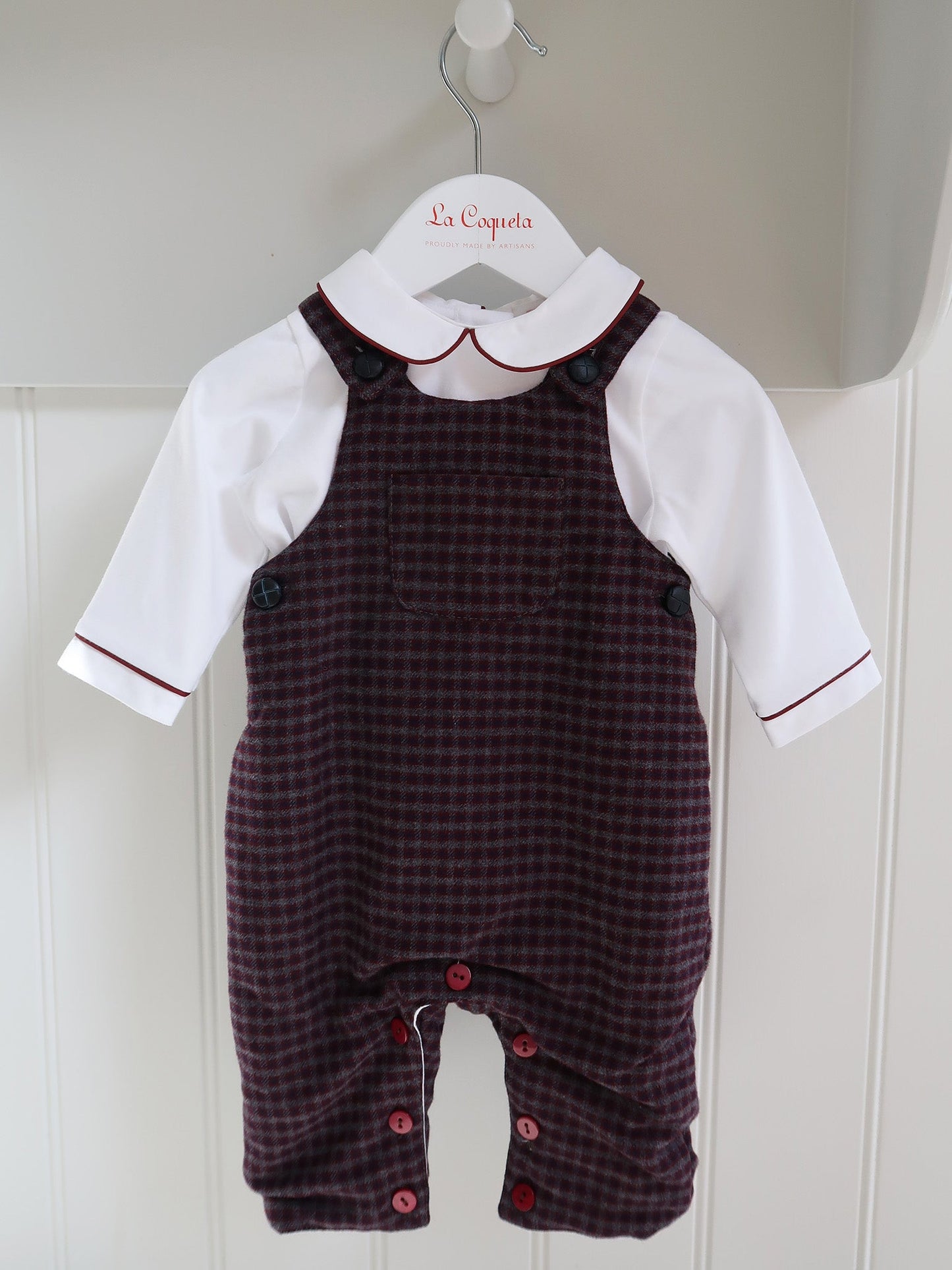 Burgundy Check Coroza Baby Overalls