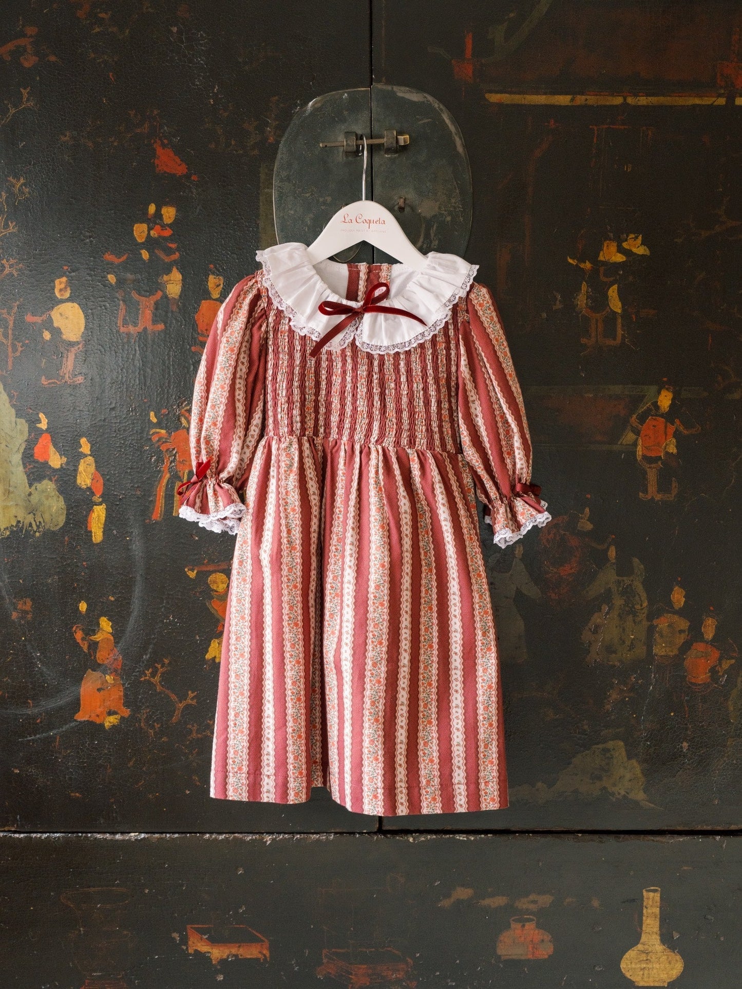 Burgundy Floral Stripe Festa Girl Hand-Smocked Dress